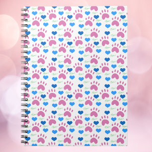 Caderno Espiral Pata de Gato Rosa Corações Azuis Padrão Meow Verde