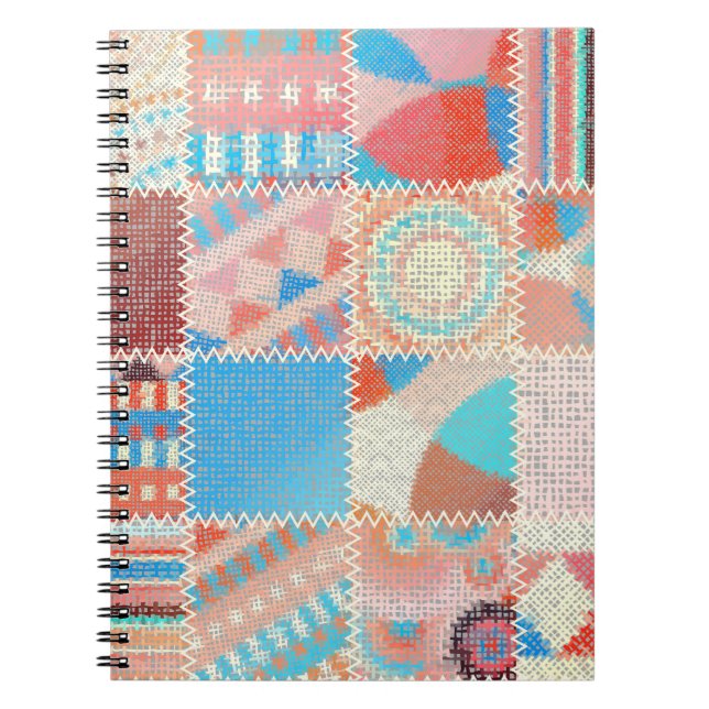 Caderno Espiral Patchwork de Canvas bruta: padrão de vinheta textu (Frente)