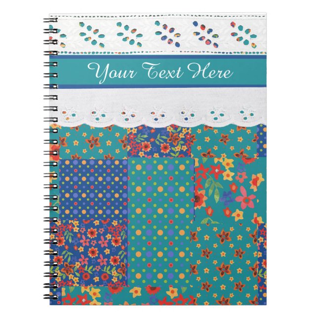 Caderno Espiral Patchwork Floral Faux sobre Teal, notebook Faux La (Frente)