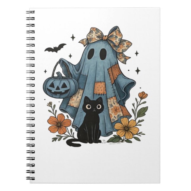 Caderno Espiral Patchwork Halloween Ghost black Cat Essential T-Sh (Frente)