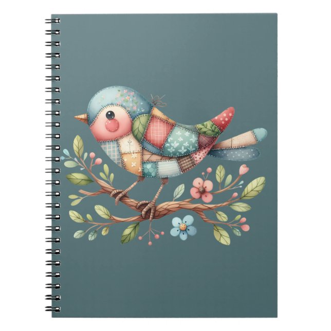 Caderno Espiral Patchwork Songbird on Blooming Branch (Frente)
