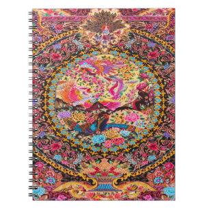 Caderno Espiral Pavão Azul Pérsico, Dourado, Rosa, Flor Persa