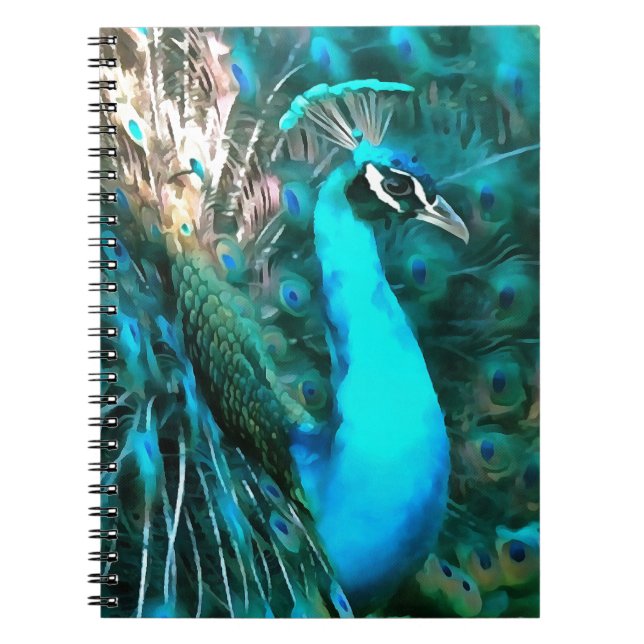 Caderno Espiral Pavão Azul Vibrante Dentro Com Cauda Vibrada (Frente)