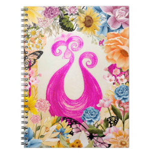 Caderno Espiral Pavão de ameixa rosa com flores coloridas