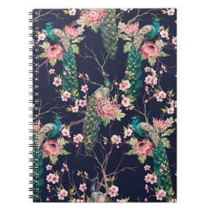 Caderno Espiral pavão de padrão aquoso em uma cereja, flor