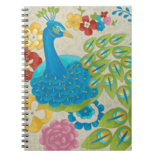 Caderno Espiral Pavão e flores coloridos
