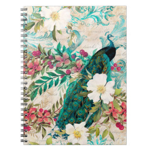 Caderno Espiral Pavão e Flores Ilustrados Antigos com Efeito Grung