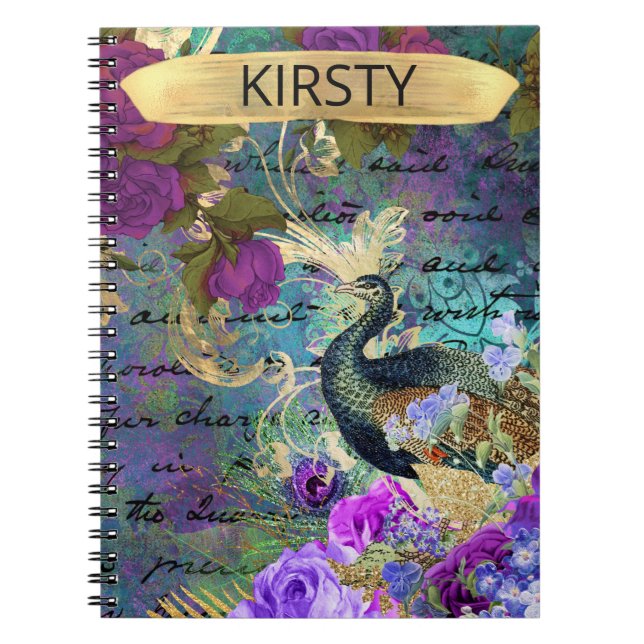 Caderno Espiral Pavão e Flores Ilustrados Antigos Grunge (Frente)
