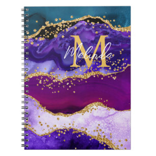 Caderno Espiral Pavão Roxo e Azul Falso Brilho Ágata