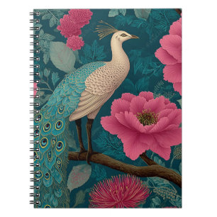 Caderno Espiral Pavão Vibrante e Padrão Floral Rosa