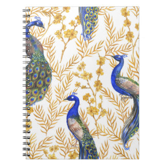 Caderno Espiral Pavões chineses, sakura ouro, aquarela.