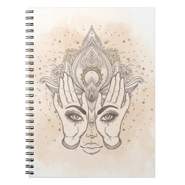 Caderno Espiral Peach & Ouro Boho Flor de Lótus Beleza (Frente)
