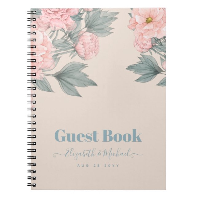 Caderno Espiral Peach Peonies Sage Orçamento Floral Casamento (Frente)