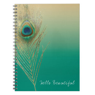 Caderno Espiral Peacock Feather Sand e Teal Boho Glam Elegante