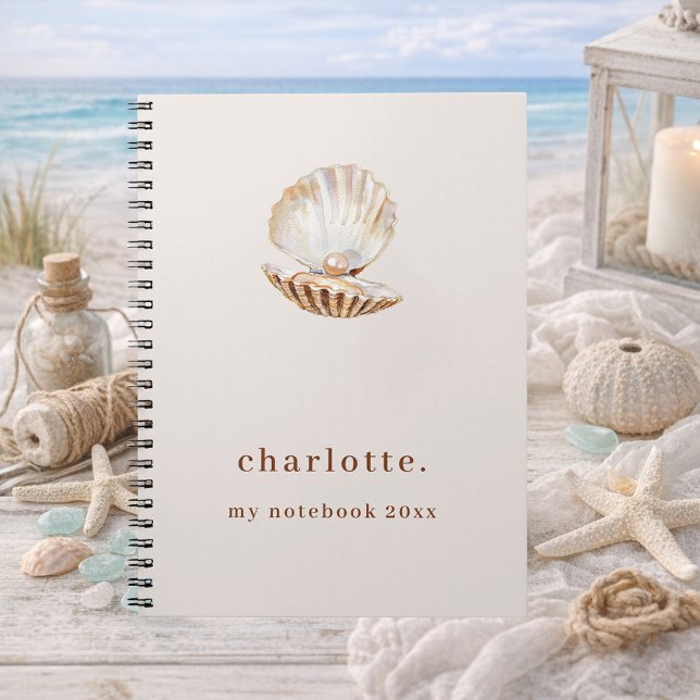 Caderno Espiral Pearl beige moderno com casca do mar (Criador carregado)