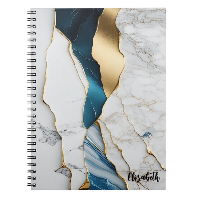 Caderno Espiral Pedra Marble Branca legal Turquesa Dourada (Frente)
