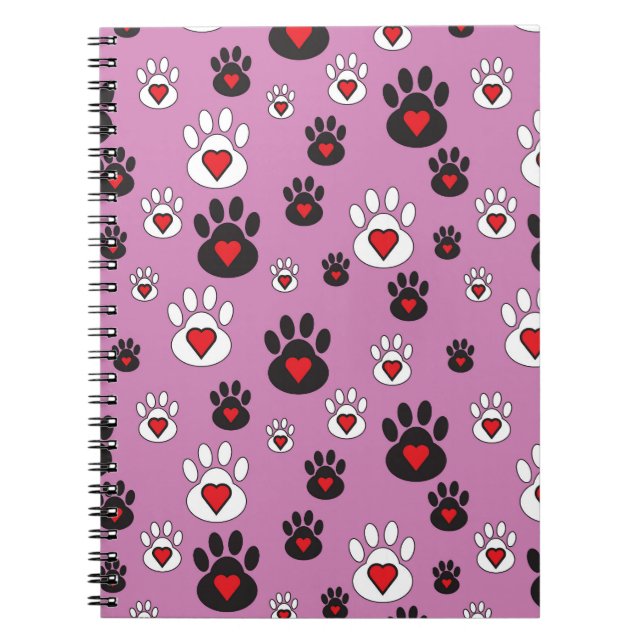 Caderno Espiral Pegadas com corações vermelhos em rosa  (Frente)