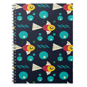 Caderno Espiral Peixe Colorido com ondas no mar. Geometria para
