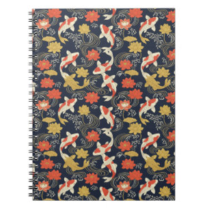Caderno Espiral Peixe Koi Elegante e Padrão de Lótus