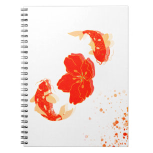 Caderno Espiral Peixes Koi Elegantes e Arte de Flor Vermelha   Est