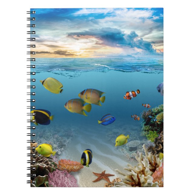 Caderno Espiral Peixes Tropicais de Recife de Coral Subaquático (Frente)