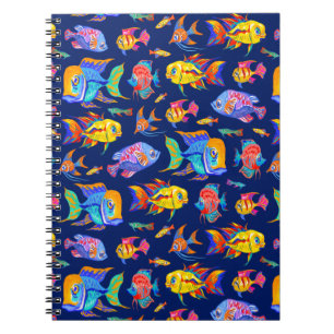 Caderno Espiral Peixes tropicais divertidos em azul escuro