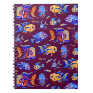 Caderno Espiral Peixes tropicais divertidos em roxo escuro