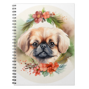 Caderno Espiral Pekingese Christmas Wreath Festivo Pup