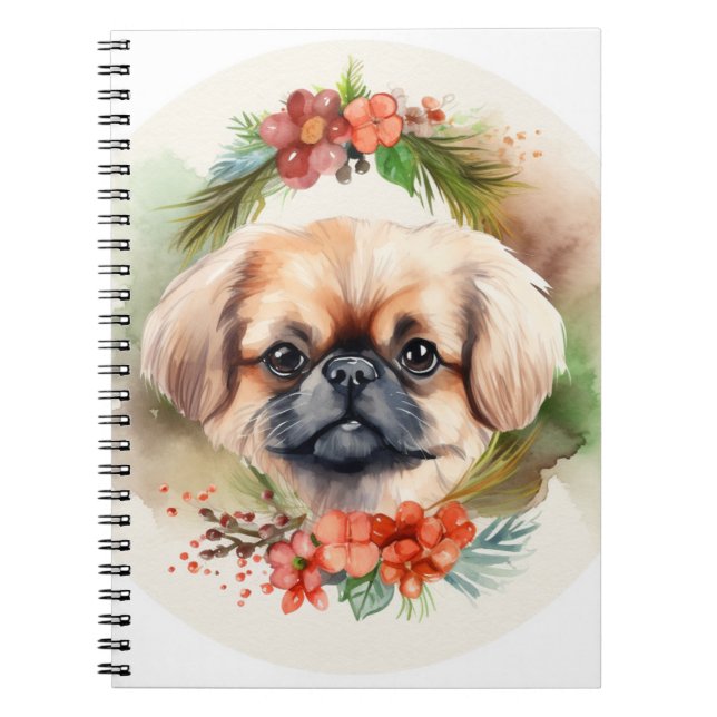 Caderno Espiral Pekingese Christmas Wreath Festivo Pup (Frente)