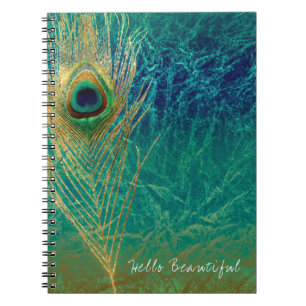 Caderno Espiral Pena de Pavão Azul Turquesa Dourado Glam Boho Chic