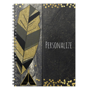 Caderno Espiral Pena Desenhada à Mão & Tenda Dourada Preta Boho Gl