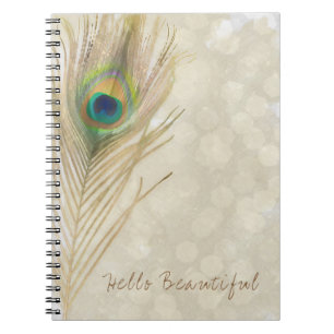 Caderno Espiral Pena Exótica de Pavão Dourada Glam Elegante Chic