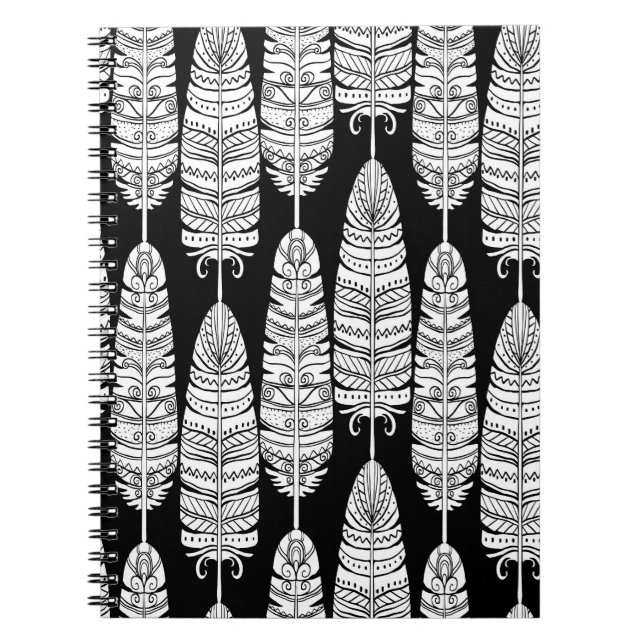 Caderno Espiral Penas boho: padrão preto e branco (Frente)