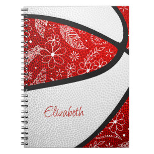 Caderno Espiral Penas boho paislies vermelho branco basquete