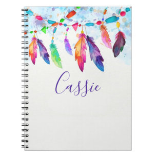Caderno Espiral Penas boho personalizadas