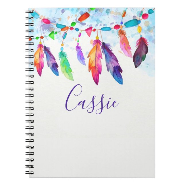 Caderno Espiral Penas boho personalizadas (Frente)