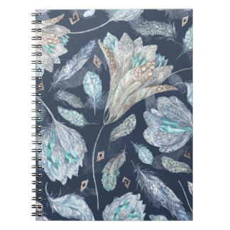 Caderno Espiral Penas Chic Boho Flores: Azul Escuro-Aquarela P