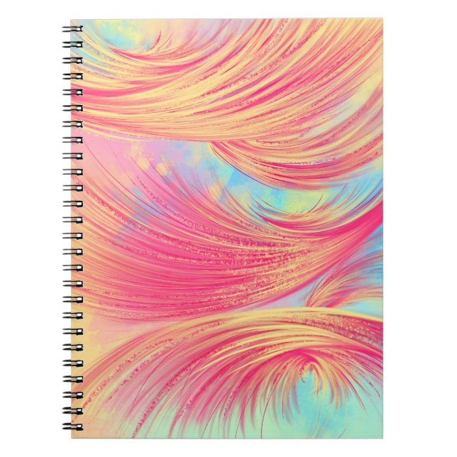 Caderno Espiral Penas de Abstrato amarelas na moda cor-de-rosa (Frente)