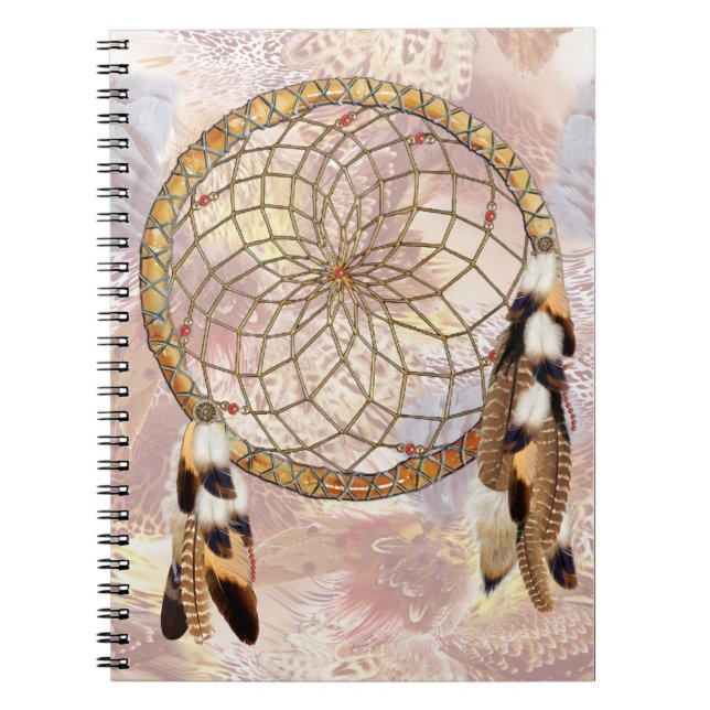 Caderno Espiral Penas de caçador de sonhos e miçangas vermelhas (Frente)