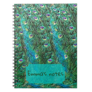 Caderno Espiral Penas de pavão, abstrato - padrão em acrílico