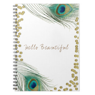Caderno Espiral Penas de Peacock e Dourado Glam Elegante