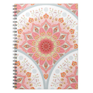 Caderno Espiral Penas de Peacock, Ornamento Floral Redondo.