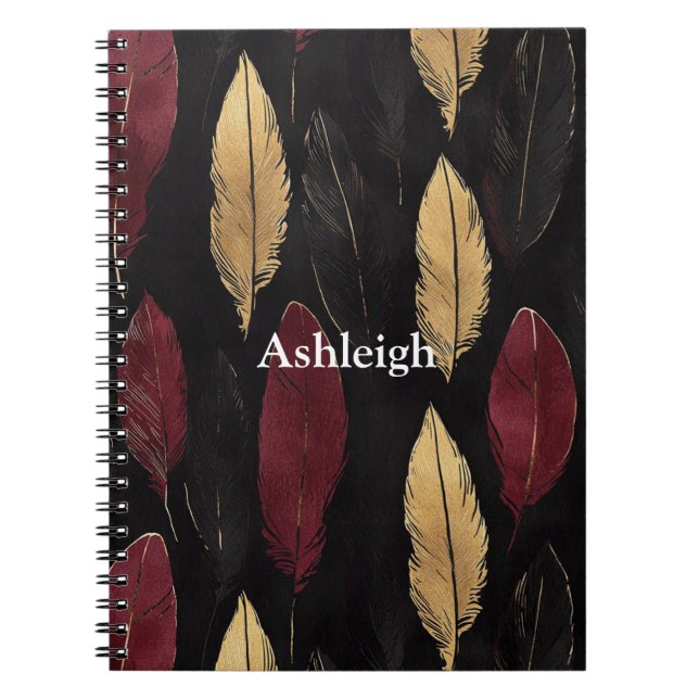 Caderno Espiral Penas Douradas Vermelhas Negras (Frente)