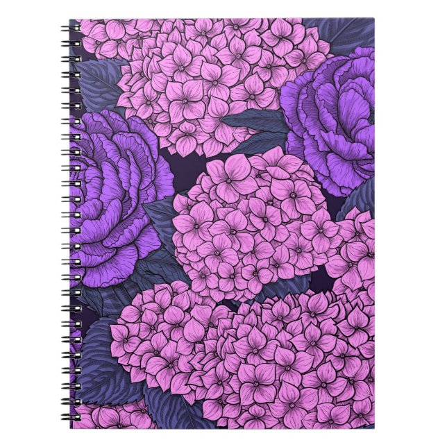 Caderno Espiral Penia e hidrangea em rosa e violeta (Frente)