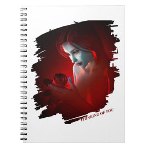 Caderno Espiral Pensando em Você. Mulher bonita segurando uma rosa