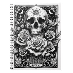 Caderno Espiral Pentáculo Crânio Esqueleto & Rosas Arte Tarô