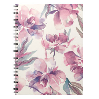 Caderno Espiral Pêonias aquáticas: fundo floral sem costura.