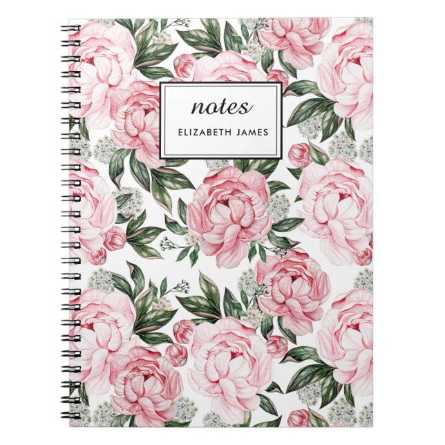 Caderno Espiral Peônias cor-de-rosa com aquarelas Padrão Chic Flor (Frente)