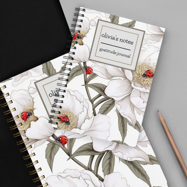 Caderno Espiral Peony com Ladybugs | Serene | Paz | Gratidão (Ladybugs and peony on a customizable gratitude journal for her. )