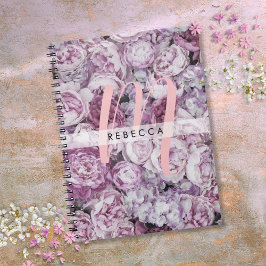 Caderno Espiral Peony Roses Floral Rosa Script Monograma